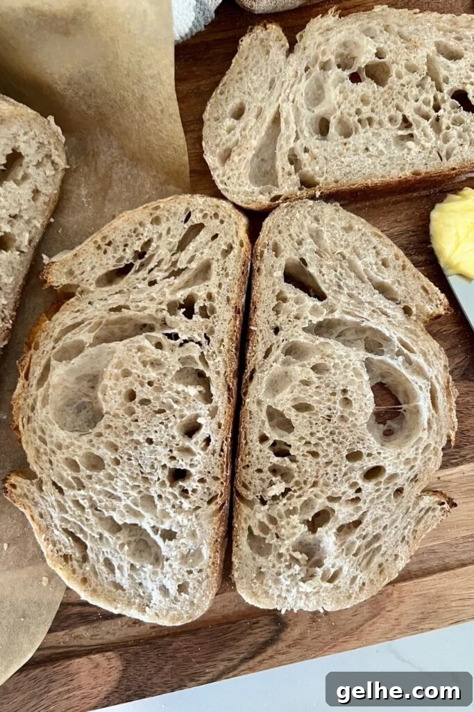 No-Knead Rustic Sourdough Bread Recipe 3 Two slices of rustic sourdough bread laying flat on a wooden board. The bread is positioned so that the base of each slice is touching each other.