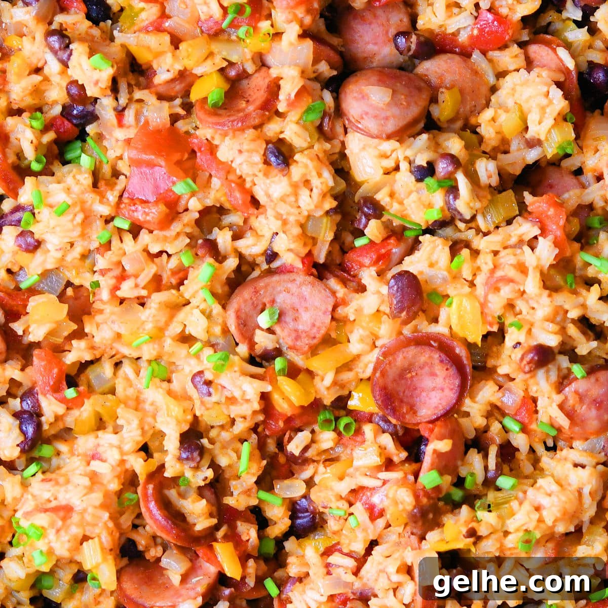 closeup of finished creole sausage jambalaya
