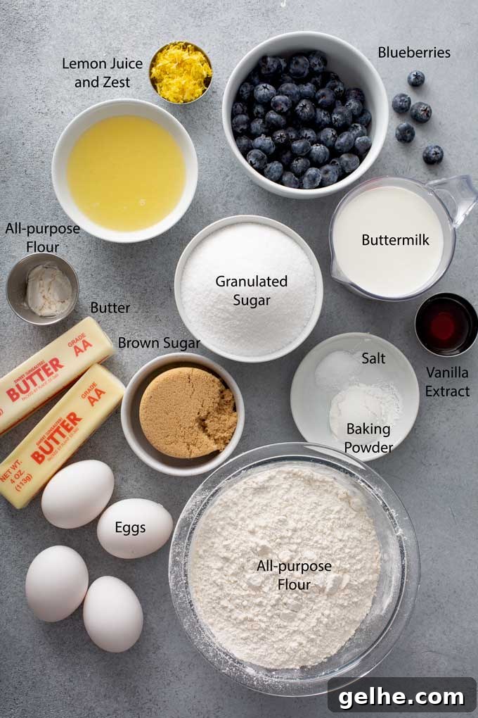 Ingredients to make Blueberry lemon cake on a gray surface