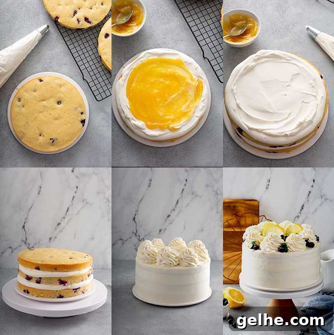 Step by step images on how to assemble the lemon layered cake