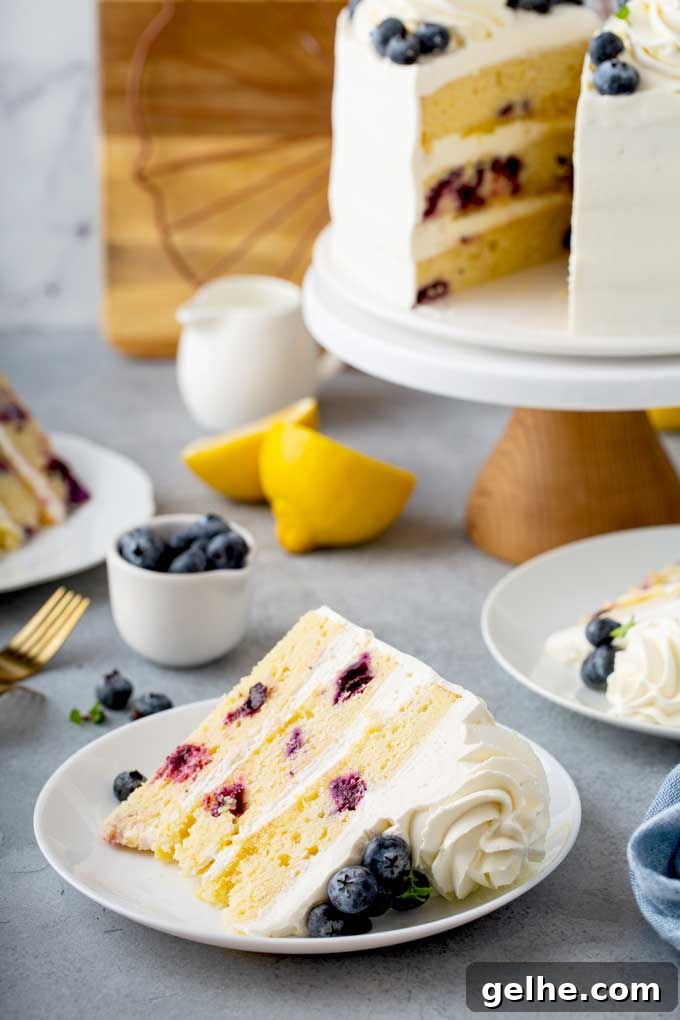 A sliced of blueberry and lemon cake next to whole layered cake on a gray surface