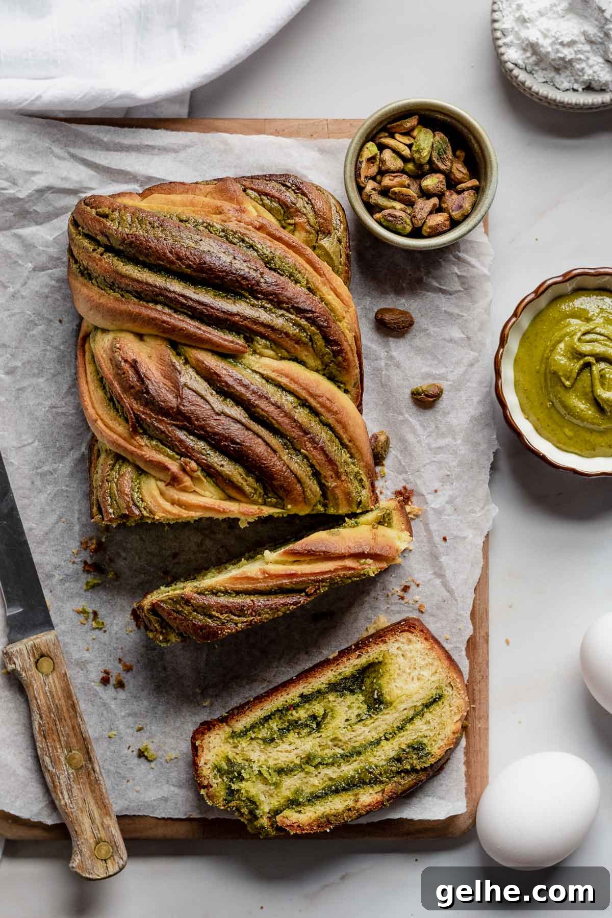 Babka loaf with two slices cut.