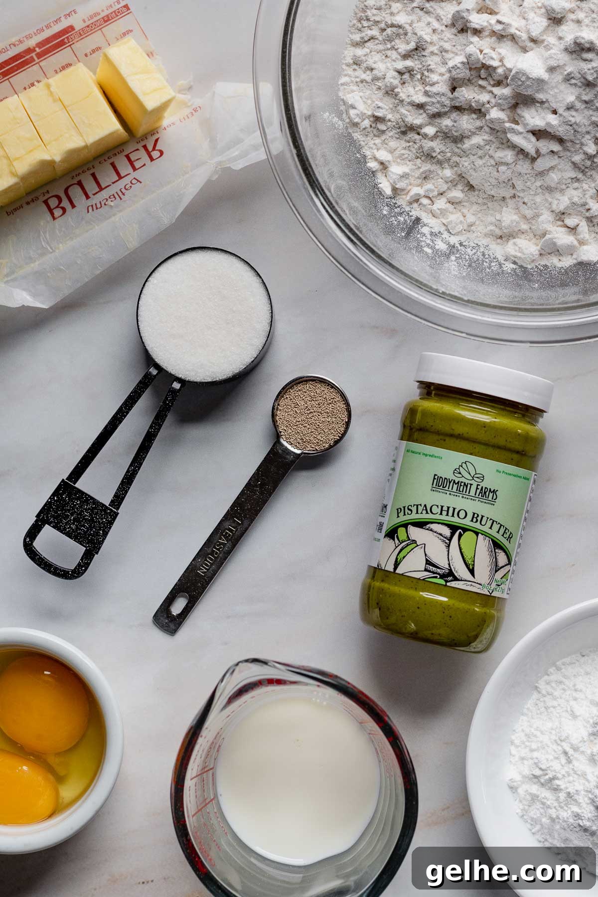 Pistachio babka ingredients on a table.