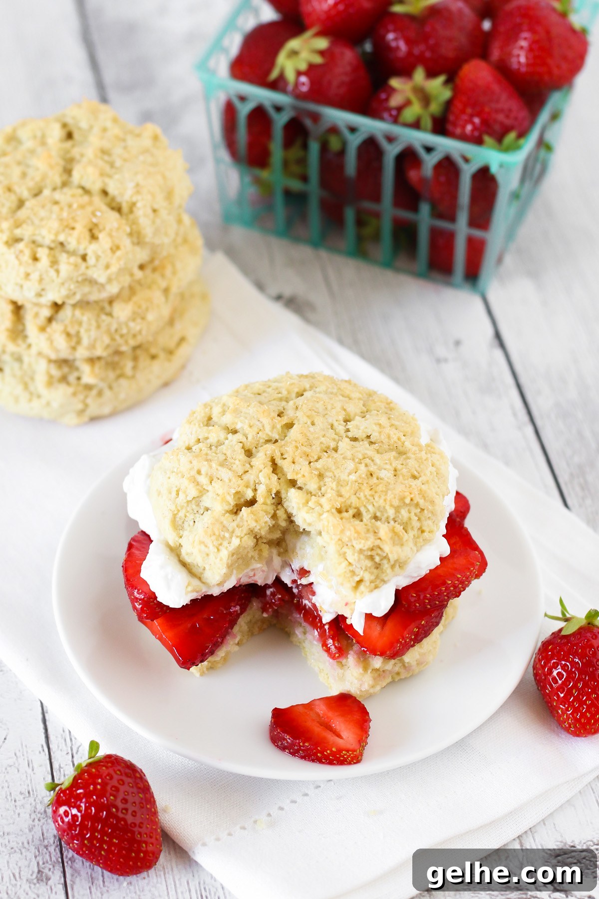 Gluten Free Vegan Classic Strawberry Shortcake. Soft, sweet biscuits, filled with fresh strawberries and whipped coconut cream.