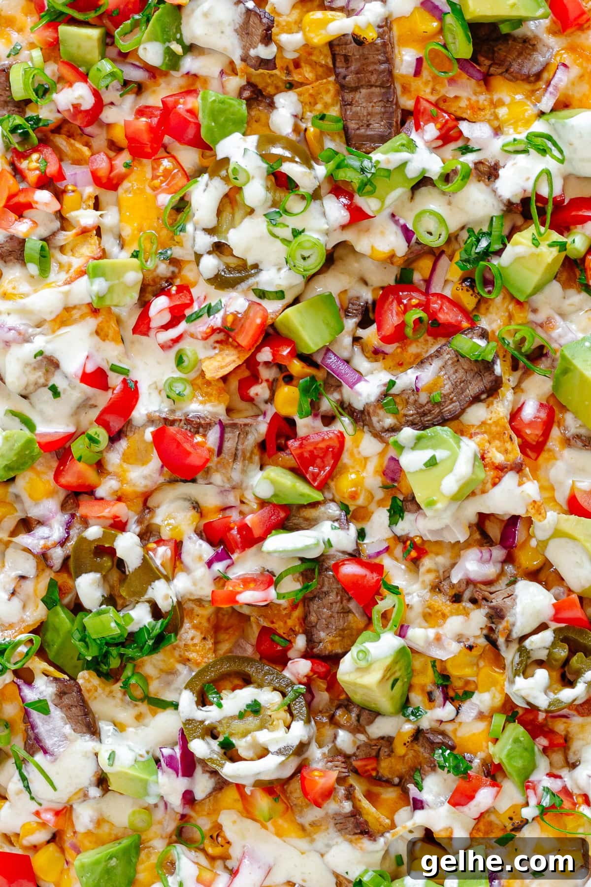 Loaded Steak Nachos Recipe with Melted Cheese 3 Closeup of loaded steak nachos.