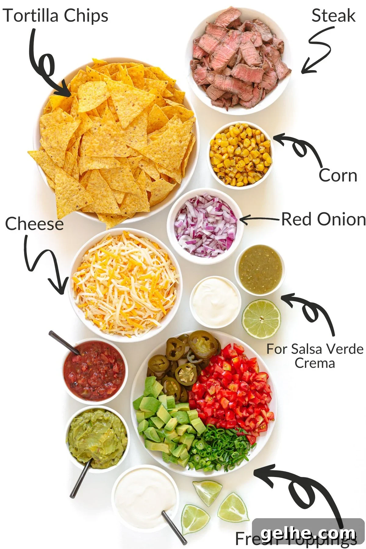 Loaded Steak Nachos Recipe with Melted Cheese 4 Labelled photo of ingredients needed to make steak nachos.
