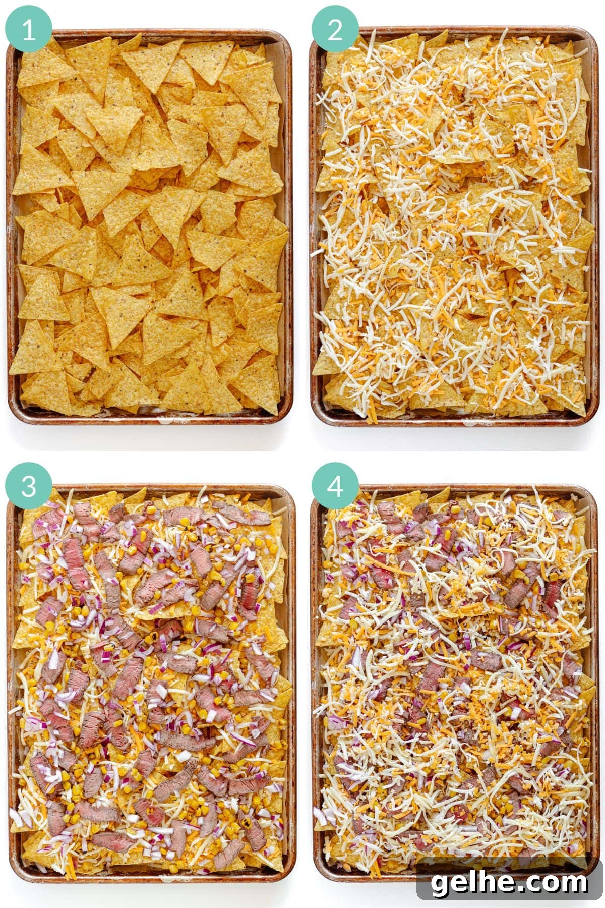 Loaded Steak Nachos Recipe with Melted Cheese 6 Numbered photo collage of steak nachos being assembled.