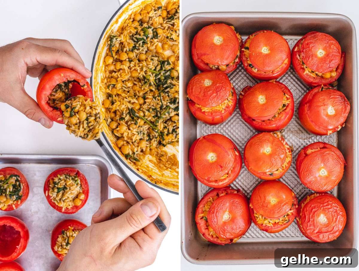 Oven-Baked Stuffed Tomatoes with Herb Breadcrumbs 7 Filling hollowed-out tomatoes with a warm rice and chickpea mixture using a spoon and baking them.