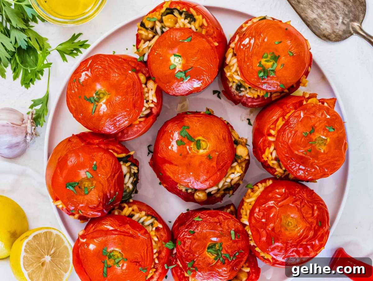 Oven-Baked Stuffed Tomatoes with Herb Breadcrumbs 8 Baked stuffed tomatoes fresh from the oven, served warm with herbs.