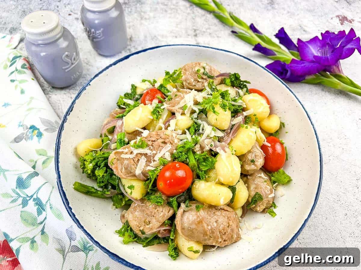 A bowl of Skillet Gnocchi with Sausage & Broccoli Rabe.