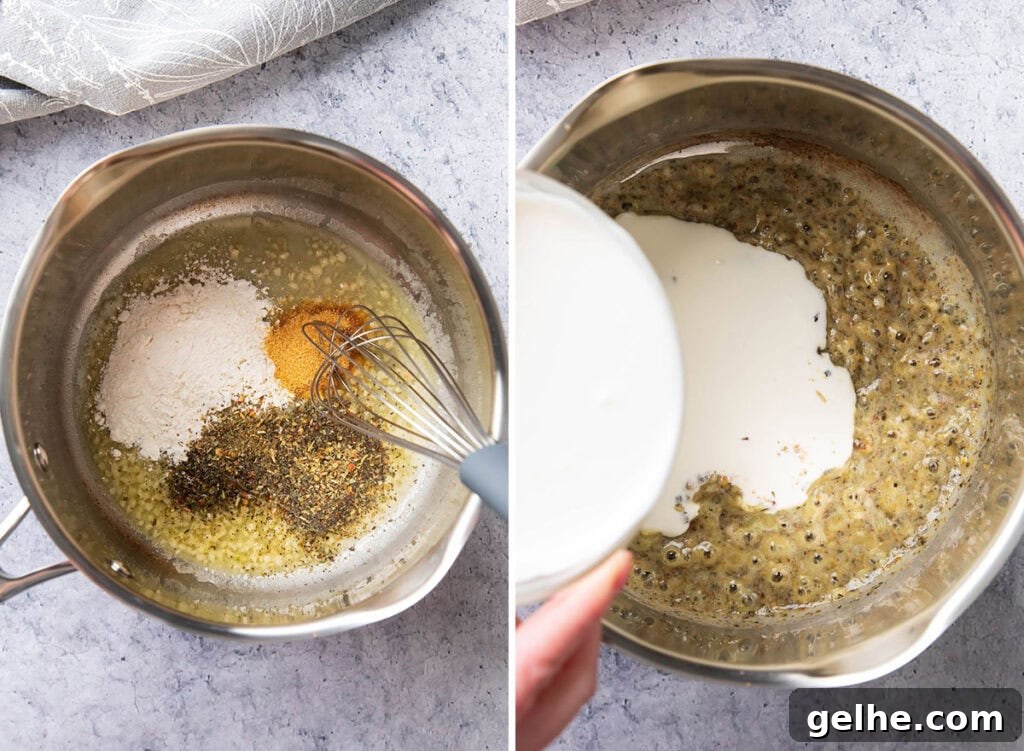 Homemade Creamy Garlic Parmesan Sauce 4 Two photos showing how to make garlic parmesan sauce - whisking together minced garlic, garlic powder, flour, and seasoning with heavy cream.
