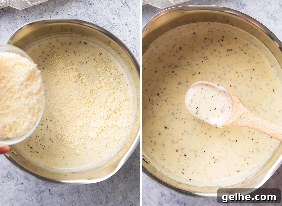 Homemade Creamy Garlic Parmesan Sauce 5 Melting cheese and whisking to thicken this homemade recipe.